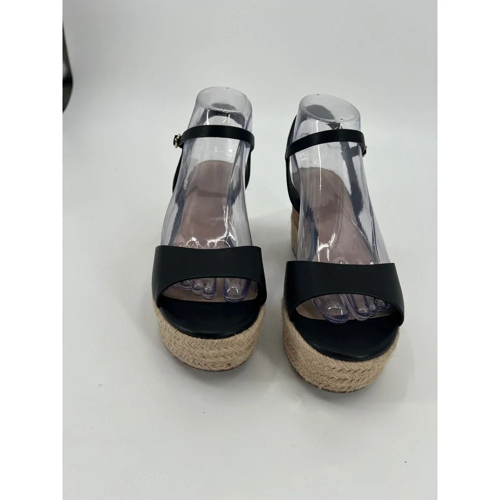 Aldo Black Platform Wedge Espadrille Sandals Cork Jute Ankle Strap Womens 8